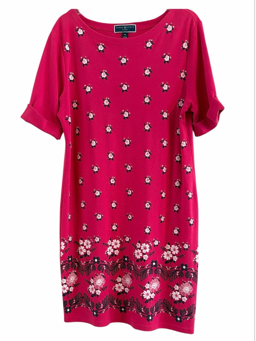 Karen Scott Sport Floral Border Print Shift Dress Pink Fuchsia PXL